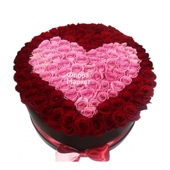 101 роза сердце в шляпной коробке в Петрозаводске от магазина цветов «Флора Маркет»